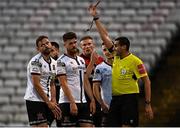 12 August 2022; Andy Boyle of Dundalk, left, reacts as he is shown a red card by referee Adriano Reale during the SSE Airtricity League Premier Division match between Bohemians and Dundalk at Dalymount Park in Dublin. Photo by Sam Barnes/Sportsfile
