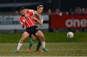 12 August 2022; Cian Kavanagh of Derry City in action against Dan Cleary of Shamrock Rovers during the SSE Airtricity League Premier Division match between Derry City and Shamrock Rovers at The Ryan McBride Brandywell Stadium in Derry. Photo by Stephen McCarthy/Sportsfile