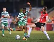 12 August 2022; Aidomo Emakhu of Shamrock Rovers in action against Cameron Dummigan of Derry City during the SSE Airtricity League Premier Division match between Derry City and Shamrock Rovers at The Ryan McBride Brandywell Stadium in Derry. Photo by Stephen McCarthy/Sportsfile