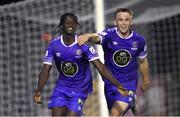 12 August 2022; Junior Quitirna of Waterford, left, celebrates after scoring his side's second goal, a penalty, during the SSE Airtricity League First Division match between Waterford and Galway United at RSC in Waterford. Photo by Michael P Ryan/Sportsfile