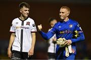 12 August 2022; Dundalk goalkeeper Nathan Shepperd, right, and team-mate Steven Bradley celebrate after their side's victory in the SSE Airtricity League Premier Division match between Bohemians and Dundalk at Dalymount Park in Dublin. Photo by Sam Barnes/Sportsfile
