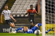 12 August 2022; Johnny Afolabi of Bohemians watches on as his shot is saved by  Dundalk goalkeeper Nathan Shepperd and rebounds off the post during the SSE Airtricity League Premier Division match between Bohemians and Dundalk at Dalymount Park in Dublin. Photo by Sam Barnes/Sportsfile