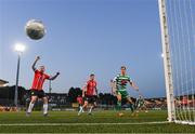 12 August 2022; Derry City's Mark Connolly, left, Cian Kavanagh and Dan Cleary of Shamrock Rovers watch the ball go wide during the SSE Airtricity League Premier Division match between Derry City and Shamrock Rovers at The Ryan McBride Brandywell Stadium in Derry. Photo by Stephen McCarthy/Sportsfile