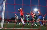 12 August 2022; Mark Connolly of Derry City reacts to a missed opportunity on goal during the SSE Airtricity League Premier Division match between Derry City and Shamrock Rovers at The Ryan McBride Brandywell Stadium in Derry. Photo by Stephen McCarthy/Sportsfile