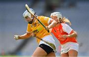 7 August 2022; Dervla Cosgrove of Antrim in action against Eimear O’Kane of Armagh during the Glen Dimplex All-Ireland Premier Junior Camogie Championship Final match between Antrim and Armagh at Croke Park in Dublin. Photo by Seb Daly/Sportsfile