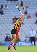 7 August 2022; Katie Power of Kilkenny in action against Fiona Keating of Cork during the Glen Dimplex All-Ireland Senior Camogie Championship Final match between Cork and Kilkenny at Croke Park in Dublin. Photo by Seb Daly/Sportsfile