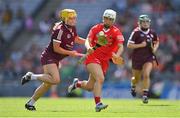 7 August 2022; Lauren Homan of Cork in action against Ciara Donohue of Galway during the Glen Dimplex All-Ireland Intermediate Camogie Championship Final match between Cork and Galway at Croke Park in Dublin. Photo by Seb Daly/Sportsfile