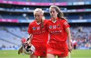 7 August 2022; Cliona O’Callaghan, left, and Finola Neville of Cork after their side's defeat in the Glen Dimplex All-Ireland Intermediate Camogie Championship Final match between Cork and Galway at Croke Park in Dublin. Photo by Seb Daly/Sportsfile