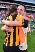7 August 2022; Kilkenny manager Brian Dowling and Tiffanie Fitzgerald celebrate after their side's victory in the Glen Dimplex All-Ireland Senior Camogie Championship Final match between Cork and Kilkenny at Croke Park in Dublin. Photo by Seb Daly/Sportsfile