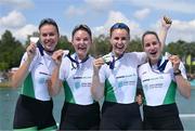 13 August 2022; The Ireland Women's Four team, from left, Eimear Lambe, Tara Hanlon, Aifric Keogh and Natalie Long celebrate with their silver medals after the Women's Four Final during day 3 of the European Championships 2022 at the Olympic Regatta Centre in Munich, Germany. Photo by David Fitzgerald/Sportsfile