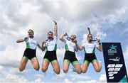 13 August 2022; The Ireland Women's Four team, from left, Eimear Lambe, Tara Hanlon, Aifric Keogh and Natalie Long celebrate with their silver medals after the Women's Four Final during day 3 of the European Championships 2022 at the Olympic Regatta Centre in Munich, Germany. Photo by David Fitzgerald/Sportsfile