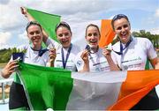 13 August 2022; The Ireland Women's Four team, from left, Eimear Lambe, Tara Hanlon, Aifric Keogh and Natalie Long celebrate with their silver medals after the Women's Four Final during day 3 of the European Championships 2022 at the Olympic Regatta Centre in Munich, Germany. Photo by David Fitzgerald/Sportsfile