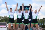 13 August 2022; The Ireland Women's Four team, from left, Eimear Lambe, Tara Hanlon, Aifric Keogh and Natalie Long celebrate after the Women's Four Final during day 3 of the European Championships 2022 at the Olympic Regatta Centre in Munich, Germany. Photo by David Fitzgerald/Sportsfile
