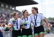 13 August 2022;  Members of the Ireland Women's Four team, from left, Natalie Long, Tara Hanlon and Eimear Lambe after winning a silver medal in the Women's Four Final during day 3 of the European Championships 2022 at the Olympic Regatta Centre in Munich, Germany. Photo by David Fitzgerald/Sportsfile