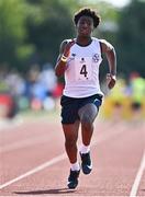 13 August 2022; Kenneth Kalu from Cornageeha, Sligo, on his way to winning the boys 100m U14 & O12 final during the Aldi Community Games National Track and Field Finals that attract over 2,000 children to SETU Carlow Sports Campus in Carlow. Photo by Sam Barnes/Sportsfile
