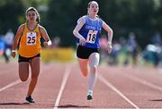 13 August 2022; Eadaoin Lynch, from Killan, Cavan, right, on her way to winning the girls 100m U14 & O12 during the Aldi Community Games National Track and Field Finals that attract over 2,000 children to SETU Carlow Sports Campus in Carlow. Photo by Sam Barnes/Sportsfile