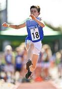 13 August 2022; Cian Fitzpatrick from Cavan competes in the boys long jump U12 & O10 during the Aldi Community Games National Track and Field Finals that attract over 2,000 children to SETU Carlow Sports Campus in Carlow. Photo by Sam Barnes/Sportsfile