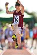 13 August 2022; JJ Roche from Newport, Tipperary, competes in the boys long jump U12 & O10 during the Aldi Community Games National Track and Field Finals that attract over 2,000 children to SETU Carlow Sports Campus in Carlow. Photo by Sam Barnes/Sportsfile