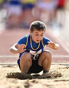 13 August 2022; Aaron Mulhall from Shillelagh, Wicklow, competes in the boys long jump U12 & O10 during the Aldi Community Games National Track and Field Finals that attract over 2,000 children to SETU Carlow Sports Campus in Carlow. Photo by Sam Barnes/Sportsfile