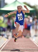 13 August 2022; Aodhan Ryan from Lakeside, Wicklow, competes in the boys long jump U12 & O10 during the Aldi Community Games National Track and Field Finals that attract over 2,000 children to SETU Carlow Sports Campus in Carlow. Photo by Sam Barnes/Sportsfile