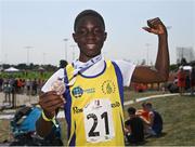 13 August 2022; Idrissa Serry, originally from Sierra Leone, and a resident at the Ballaghaderreen EROC Direct Provision Centre, with his bronze medal from the boys 600m U12 & O10 race, during the Aldi Community Games National Track and Field Finals that attract over 2,000 children to SETU Carlow Sports Campus in Carlow. Photo by Ramsey Cardy/Sportsfile