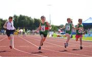 13 August 2022; Kayla Garvey, from Shrule-Glencorrib-Kilroe, Mayo, crosses the finish line to win the girls 60m U8 & O6 during the Aldi Community Games National Track and Field Finals that attract over 2,000 children to SETU Carlow Sports Campus in Carlow. Photo by Ramsey Cardy/Sportsfile