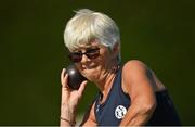 13 August 2022; Patsy Foskin of St. Senans AC competing in the women's vet65 shot put during the Irish Life Health National Masters Track and Field Championships in Tullamore, Offaly. Photo by Seb Daly/Sportsfile