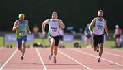 13 August 2022; Athletes, from left, António Mouro of Portugal, Brian Malone of Craughwell AC, and Cormac Kearney of Craughwell AC, competing in the men's vet45 100 metres during the Irish Life Health National Masters Track and Field Championships in Tullamore, Offaly. Photo by Seb Daly/Sportsfile