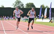 13 August 2022; Brian Malone of Craughwell AC, left, and Cormac Kearney of Craughwell AC, competing in the men's vet45 100 metres during the Irish Life Health National Masters Track and Field Championships in Tullamore, Offaly. Photo by Seb Daly/Sportsfile