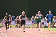 13 August 2022; Athletes, from left, Samson Osas of Dunshaughlin AC, Neil Kingston of Eagle AC, Finbarr Whelan of Liscarroll AC, and Dermot Plunkett of St. Peter's AC competing in the men's vet50 100 metres during the Irish Life Health National Masters Track and Field Championships in Tullamore, Offaly. Photo by Seb Daly/Sportsfile
