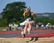 13 August 2022; Ruby Boyle, from Ballyduff, Kerry, competing in the girls long jump u12 & o10 during the Aldi Community Games National Track and Field Finals that attract over 2,000 children to SETU Carlow Sports Campus in Carlow. Photo by Ramsey Cardy/Sportsfile