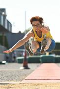 13 August 2022; Erika Juozapaite of Blackrock AC, Louth, competing in the women's vet40 long jump during the Irish Life Health National Masters Track and Field Championships in Tullamore, Offaly. Photo by Seb Daly/Sportsfile