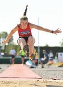 13 August 2022; Caroline Conroy of St. Colmans South Mayo AC competing in the women's vet40 long jump during the Irish Life Health National Masters Track and Field Championships in Tullamore, Offaly. Photo by Seb Daly/Sportsfile
