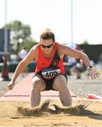 13 August 2022; Aine Power of Lucan Harriers AC competing in the women's vet45 long jump during the Irish Life Health National Masters Track and Field Championships in Tullamore, Offaly. Photo by Seb Daly/Sportsfile