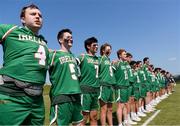 13 August 2022; Ireland players during the national anthem prior to the 2022 World Lacrosse Men's U21 World Championship - Pool C match between Ireland and Jamaica at University of Limerick in Limerick. Photo by Tom Beary/Sportsfile