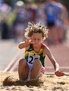 13 August 2022; Jack Ryan from Bagenalstown, Carlow, competes in the boys long jump U14 & O12 during the Aldi Community Games National Track and Field Finals that attract over 2,000 children to SETU Carlow Sports Campus in Carlow. Photo by Sam Barnes/Sportsfile