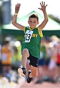 13 August 2022; Mark O'Connor from Fossa, Kerry, competes in the boys long jump U12 & O10 during the Aldi Community Games National Track and Field Finals that attract over 2,000 children to SETU Carlow Sports Campus in Carlow. Photo by Sam Barnes/Sportsfile