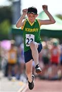 13 August 2022; Evan Neary from Ardfert-Kilmoyley, Kerry, competes in the boys long jump U12 & O10 during the Aldi Community Games National Track and Field Finals that attract over 2,000 children to SETU Carlow Sports Campus in Carlow. Photo by Sam Barnes/Sportsfile