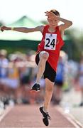 13 August 2022; David Towey from Mitchelstown, Cork, competes in the boys long jump U12 & O10 during the Aldi Community Games National Track and Field Finals that attract over 2,000 children to SETU Carlow Sports Campus in Carlow. Photo by Sam Barnes/Sportsfile