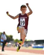 13 August 2022; JJ Roche from Newport, Tipperary, competes in the boys long jump U12 & O10 during the Aldi Community Games National Track and Field Finals that attract over 2,000 children to SETU Carlow Sports Campus in Carlow. Photo by Sam Barnes/Sportsfile