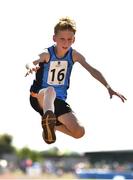 13 August 2022; Sean Butcher from Lucan, Dublin, competes in the boys long jump U12 & O10 during the Aldi Community Games National Track and Field Finals that attract over 2,000 children to SETU Carlow Sports Campus in Carlow. Photo by Sam Barnes/Sportsfile