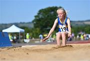 13 August 2022; Triona Heffernan, from Boherlahan-Dualla, Tipperary, competing in the girls long jump u12 & o10 during the Aldi Community Games National Track and Field Finals that attract over 2,000 children to SETU Carlow Sports Campus in Carlow. Photo by Ramsey Cardy/Sportsfile