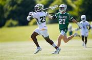 13 August 2022; Dante Bowen of Jamaica in action against Fionn Kinsella of Ireland during the 2022 World Lacrosse Men's U21 World Championship - Pool C match between Ireland and Jamaica at University of Limerick in Limerick. Photo by Tom Beary/Sportsfile