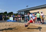 13 August 2022; Jerry Coyle, from Donegal, competing in the boys u14 long jump during the Aldi Community Games National Track and Field Finals that attract over 2,000 children to SETU Carlow Sports Campus in Carlow. Photo by Ramsey Cardy/Sportsfile