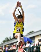13 August 2022; Alice Farrell from Knockroghery, Roscommon, competes in the girls long Jump U14 & O12 during the Aldi Community Games National Track and Field Finals that attract over 2,000 children to SETU Carlow Sports Campus in Carlow. Photo by Sam Barnes/Sportsfile