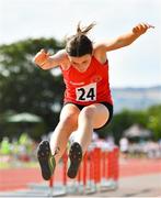 13 August 2022; Cara Burke from Mitchelstown, Cork, competes in the girls long Jump U14 & O12 during the Aldi Community Games National Track and Field Finals that attract over 2,000 children to SETU Carlow Sports Campus in Carlow. Photo by Sam Barnes/Sportsfile