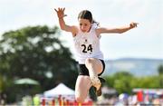 13 August 2022; Clara Whelan from Awbeg, Cork, competes in the girls long Jump U14 & O12 during the Aldi Community Games National Track and Field Finals that attract over 2,000 children to SETU Carlow Sports Campus in Carlow. Photo by Sam Barnes/Sportsfile
