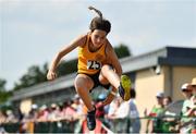 13 August 2022; Lianda McGuire from Quin-Clooney, Clare, competes in the girls long Jump U14 & O12 during the Aldi Community Games National Track and Field Finals that attract over 2,000 children to SETU Carlow Sports Campus in Carlow. Photo by Sam Barnes/Sportsfile