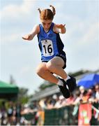 13 August 2022; Lucy Mander from Marlay-Grange, Dublin, competes in the girls long Jump U14 & O12 during the Aldi Community Games National Track and Field Finals that attract over 2,000 children to SETU Carlow Sports Campus in Carlow. Photo by Sam Barnes/Sportsfile
