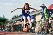13 August 2022; Rebecca Hilliard from Shillelagh, Wicklow, competes in the girls long Jump U14 & O12 during the Aldi Community Games National Track and Field Finals that attract over 2,000 children to SETU Carlow Sports Campus in Carlow. Photo by Sam Barnes/Sportsfile